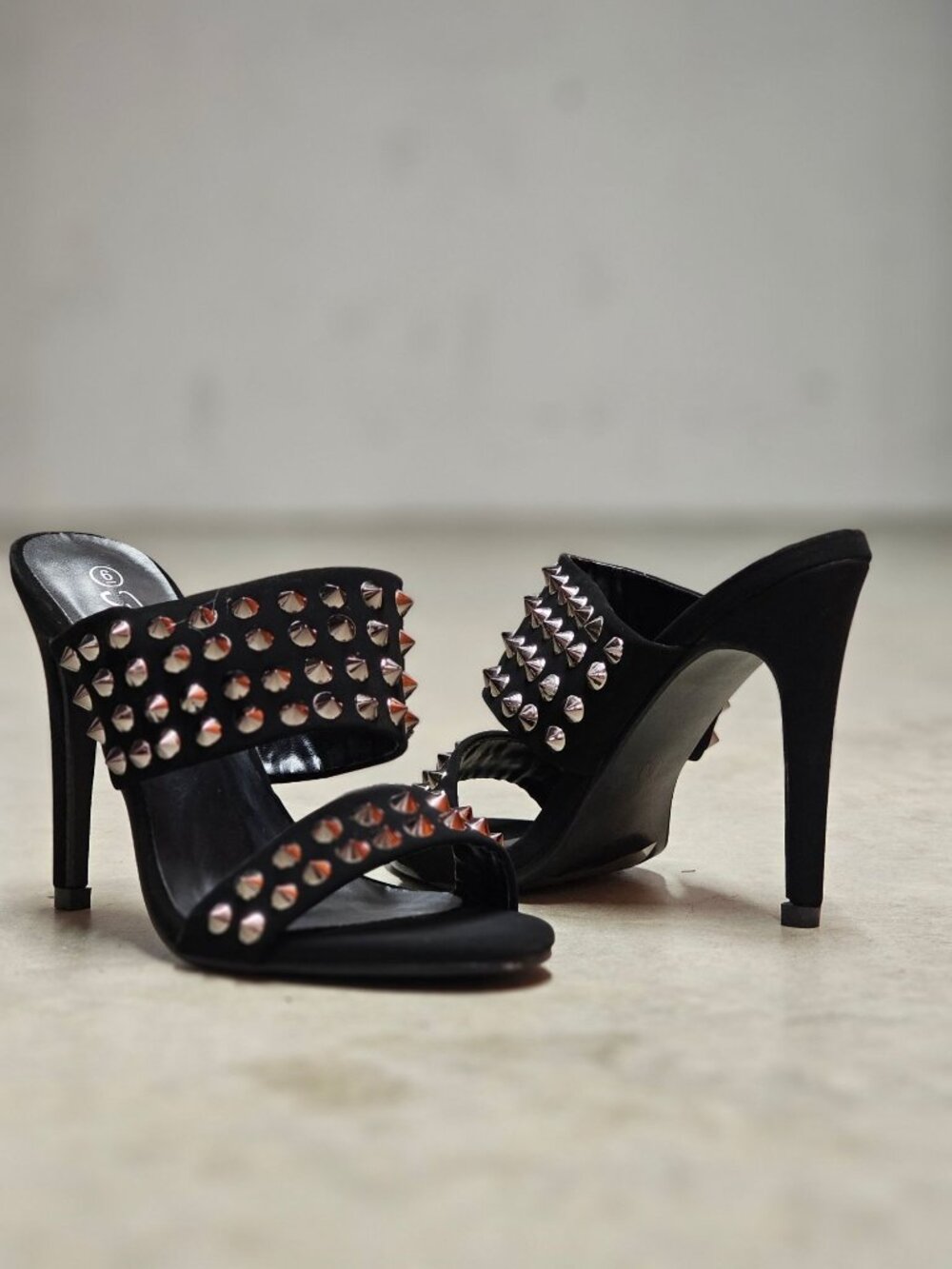 Black Studded Open-Toe Heeled Sandals With Double Strap Stiletto Heel For Women
